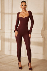 Petite Sweetheart Neckline Long Sleeve Jumpsuit in Brown