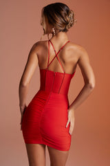 Asymmetric Neckline Corset Mini Dress in Red