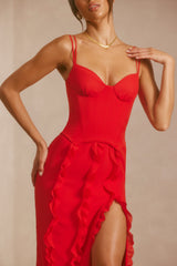 Corset Frill Skirt Maxi Dress in Scarlet Red