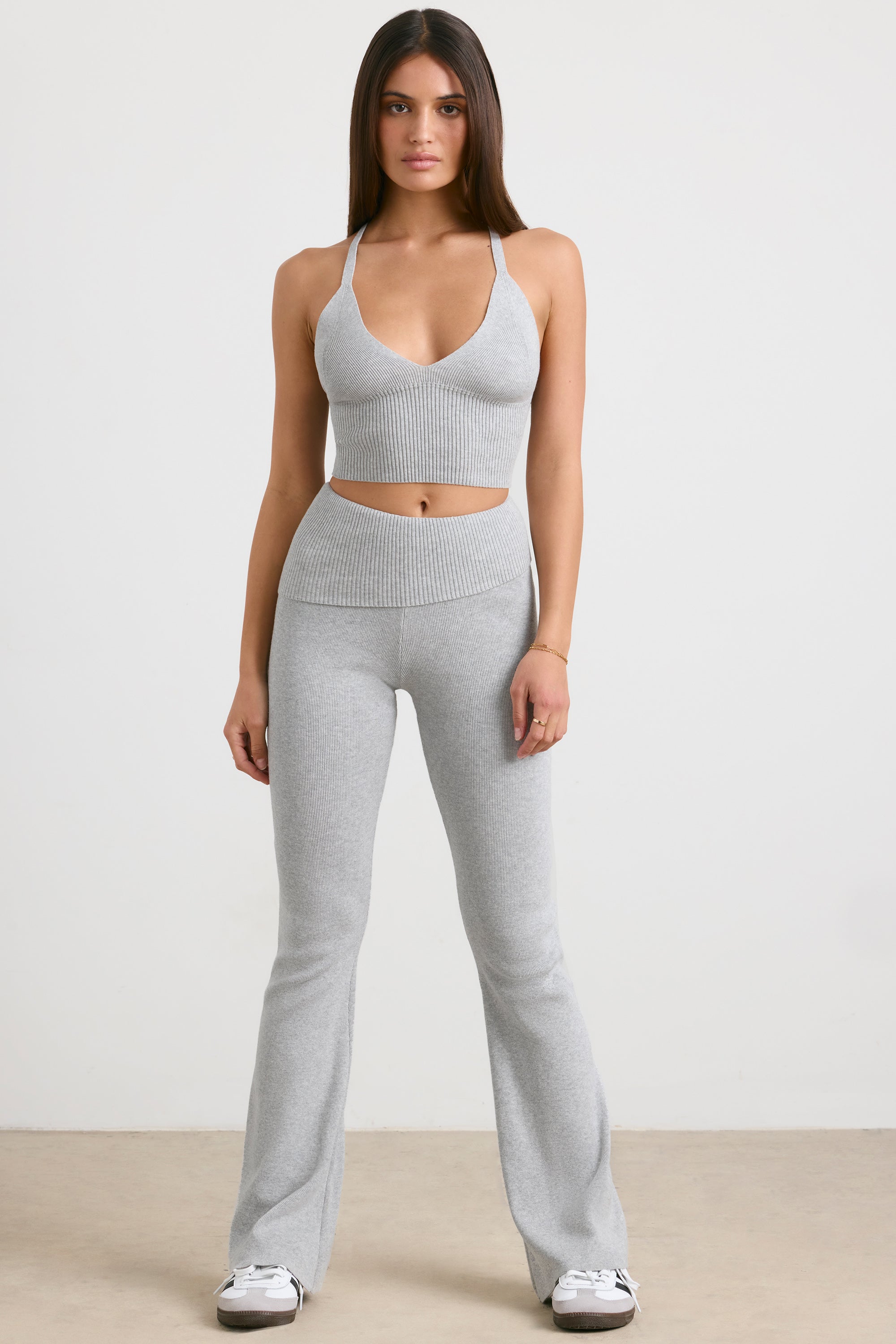 Chunky Knit Kick Flare Trousers in Heather Grey