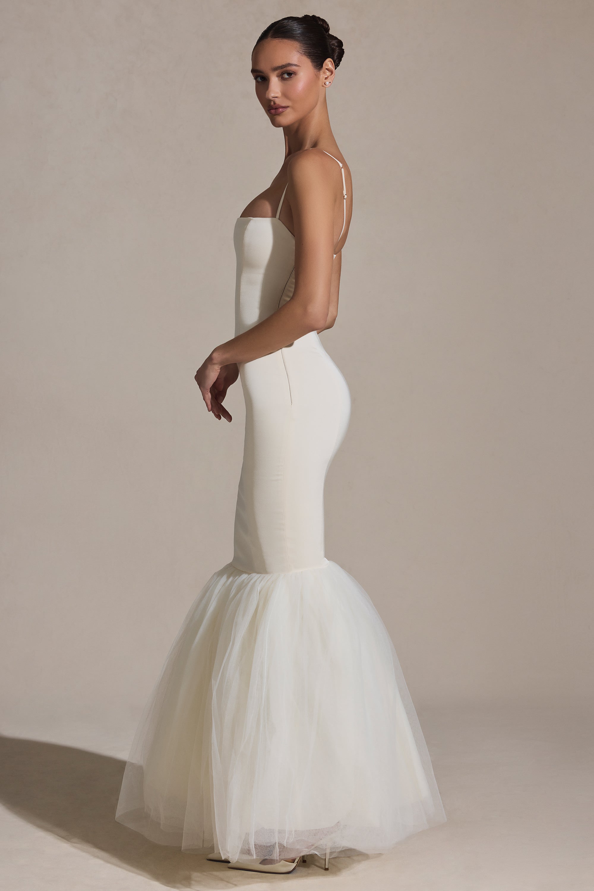 Tulle Hem Fishtail Gown in Ivory