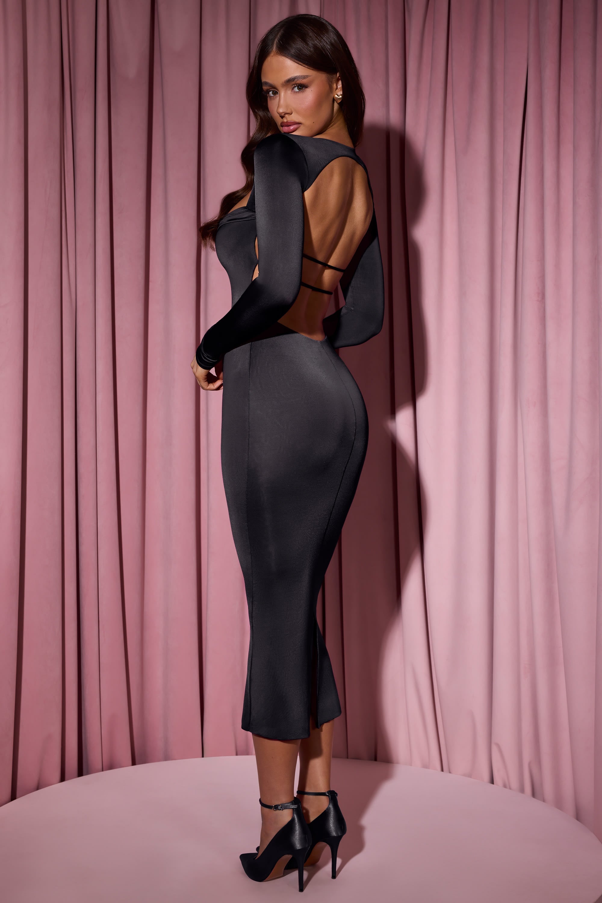 Cowl-Neck Long-Sleeve Midaxi Dress in Black