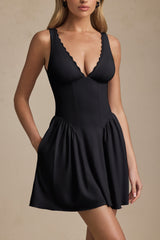 Scallop-Trim A-Line Mini Dress in Black