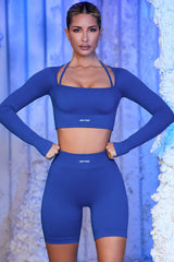 Strap Detail Long Sleeve Crop Top in Blue