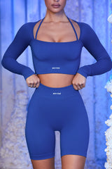 Strap Detail Long Sleeve Crop Top in Blue
