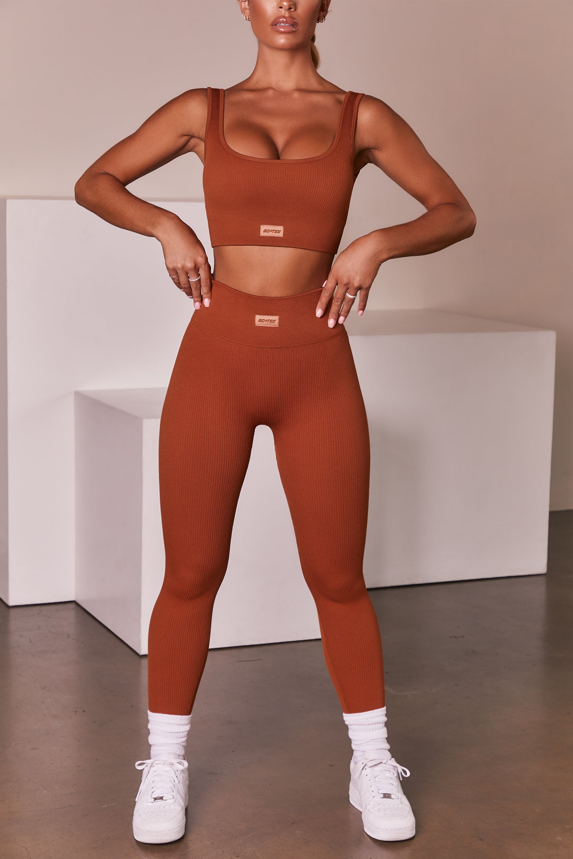 Ribbed Full Length Leggings in Light Brown