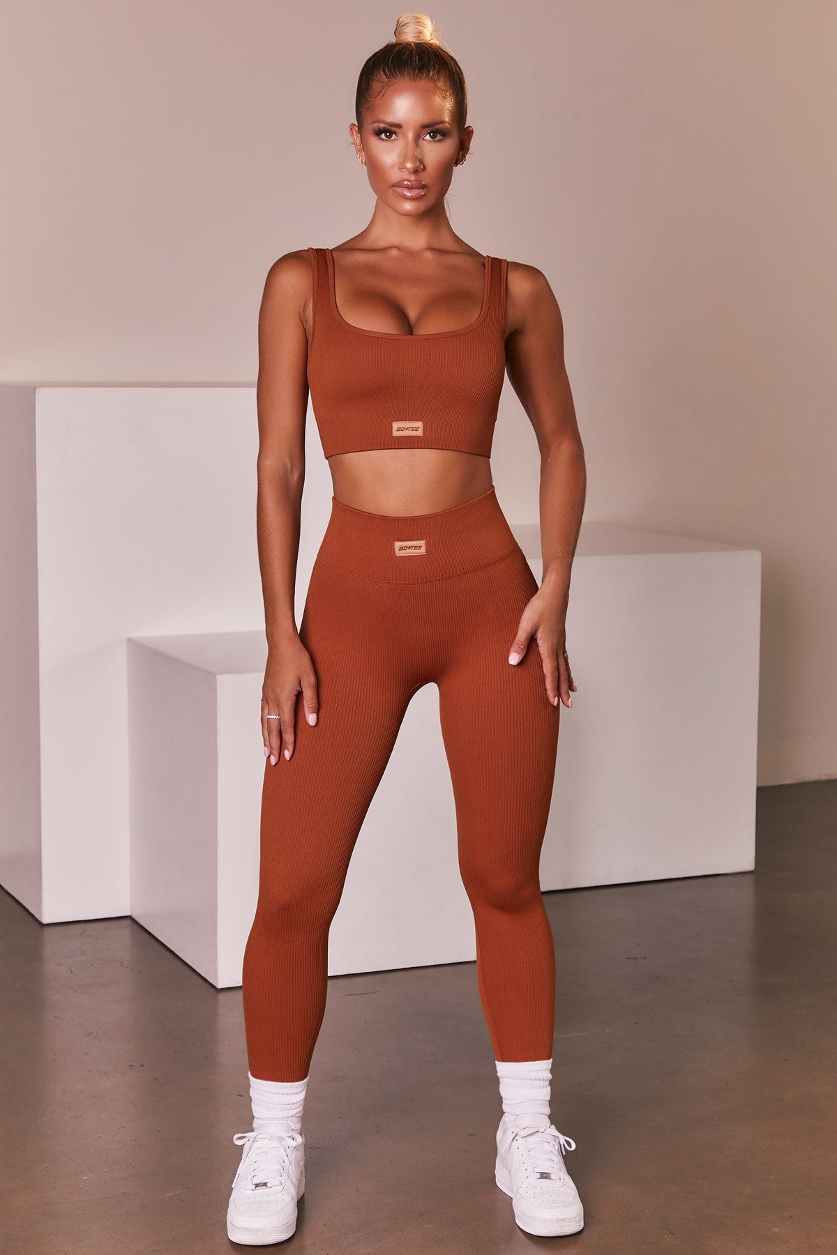 Ribbed Full Length Leggings in Light Brown