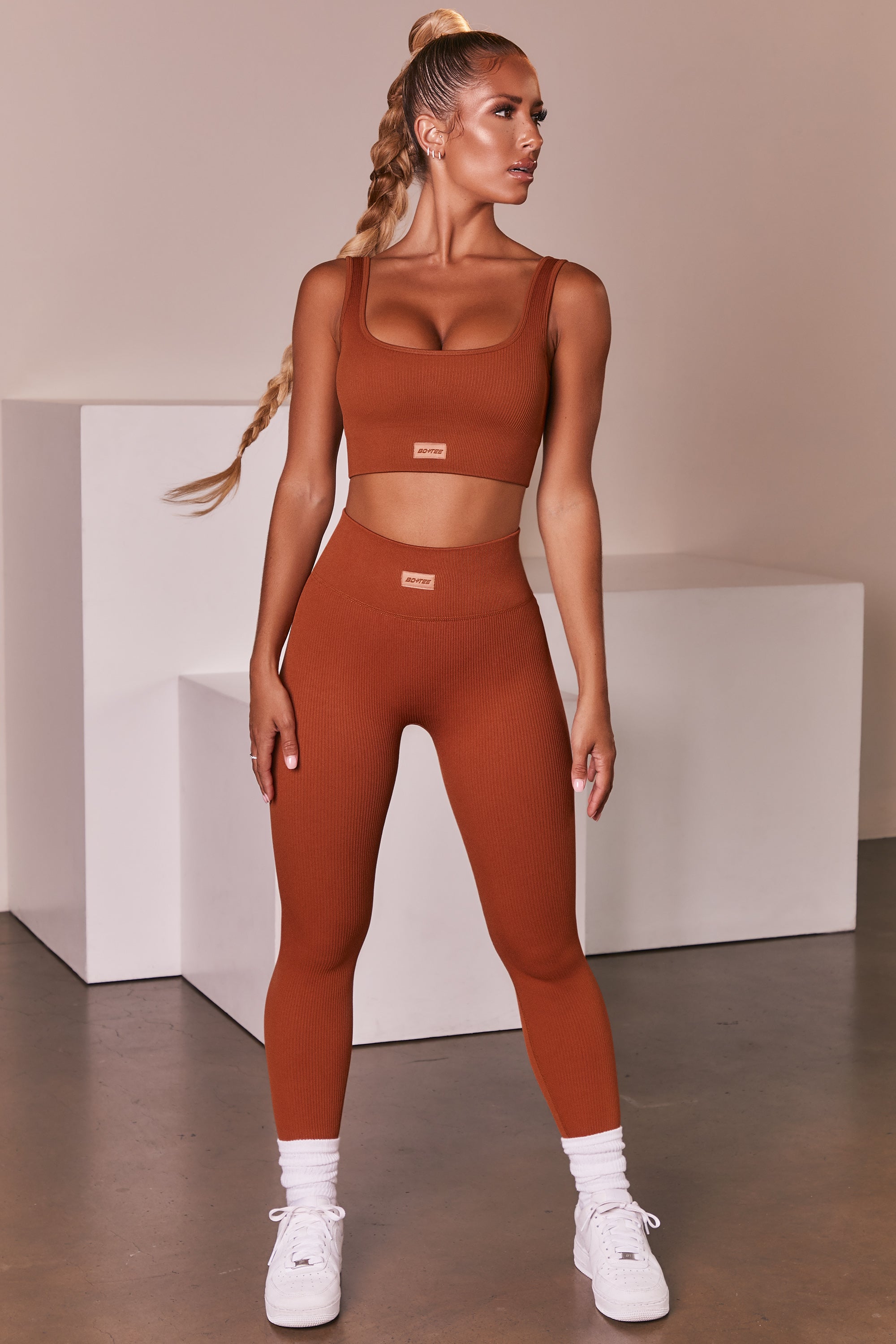 Ribbed Full Length Leggings in Light Brown
