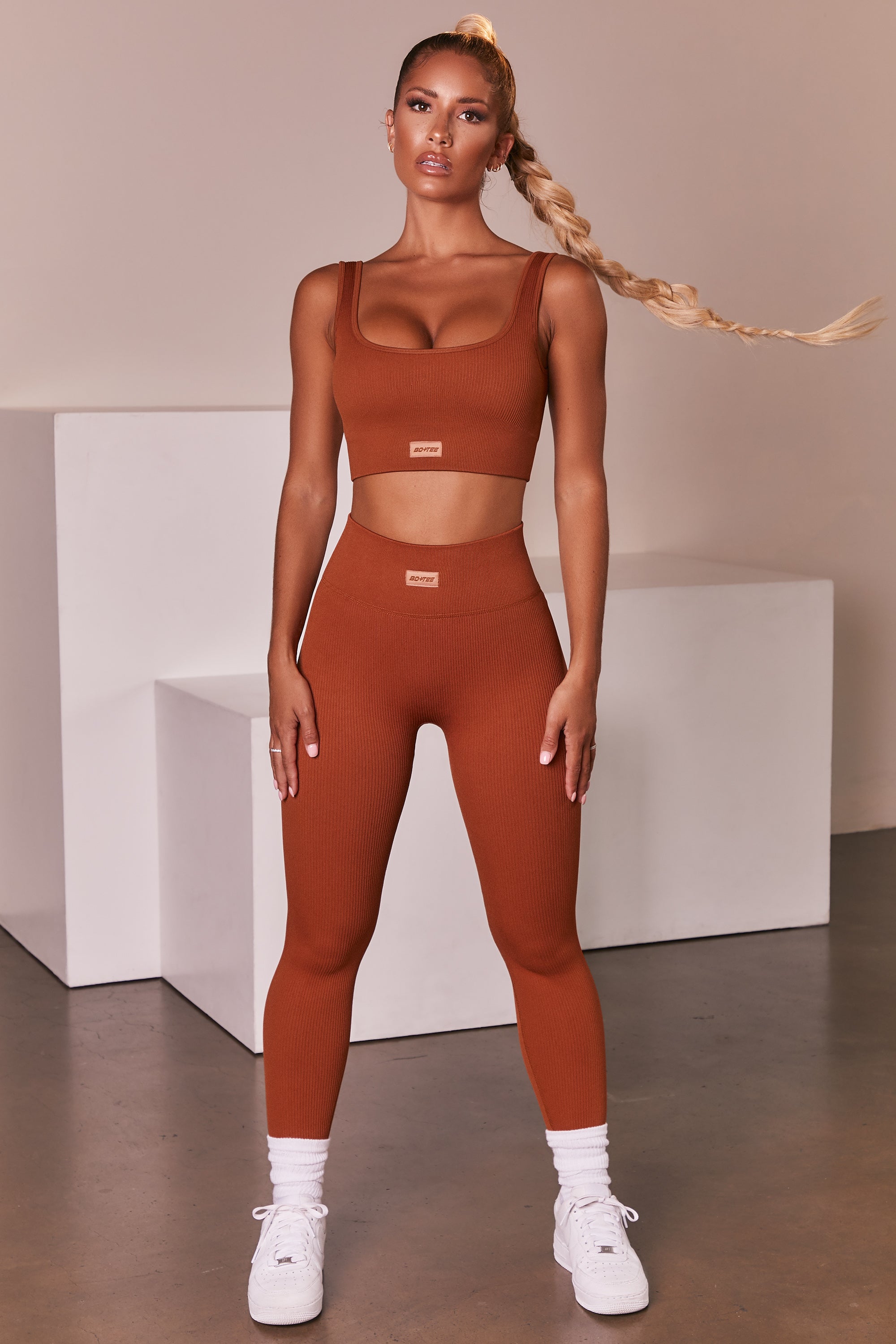 Ribbed Full Length Leggings in Light Brown