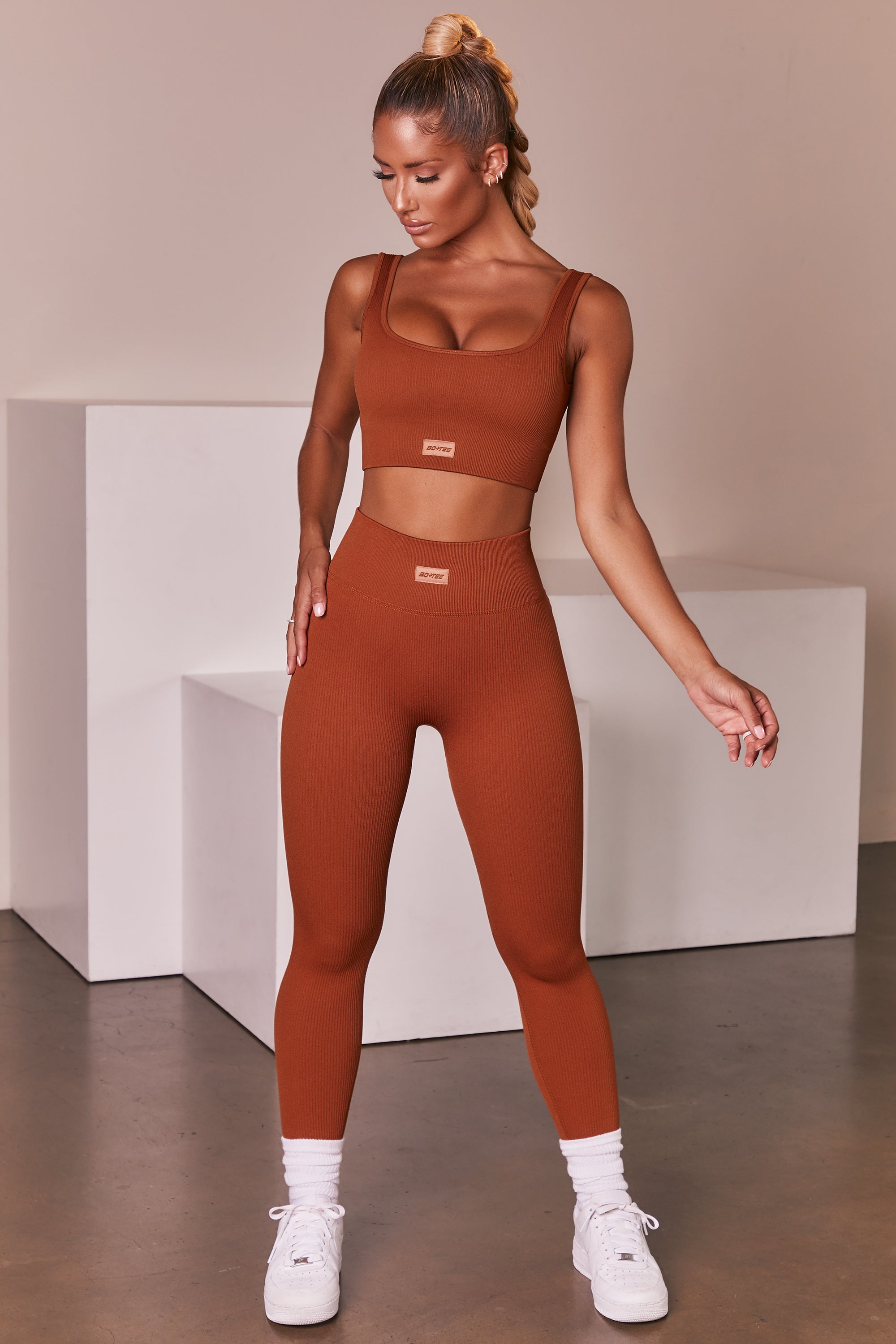 Ribbed Full Length Leggings in Light Brown