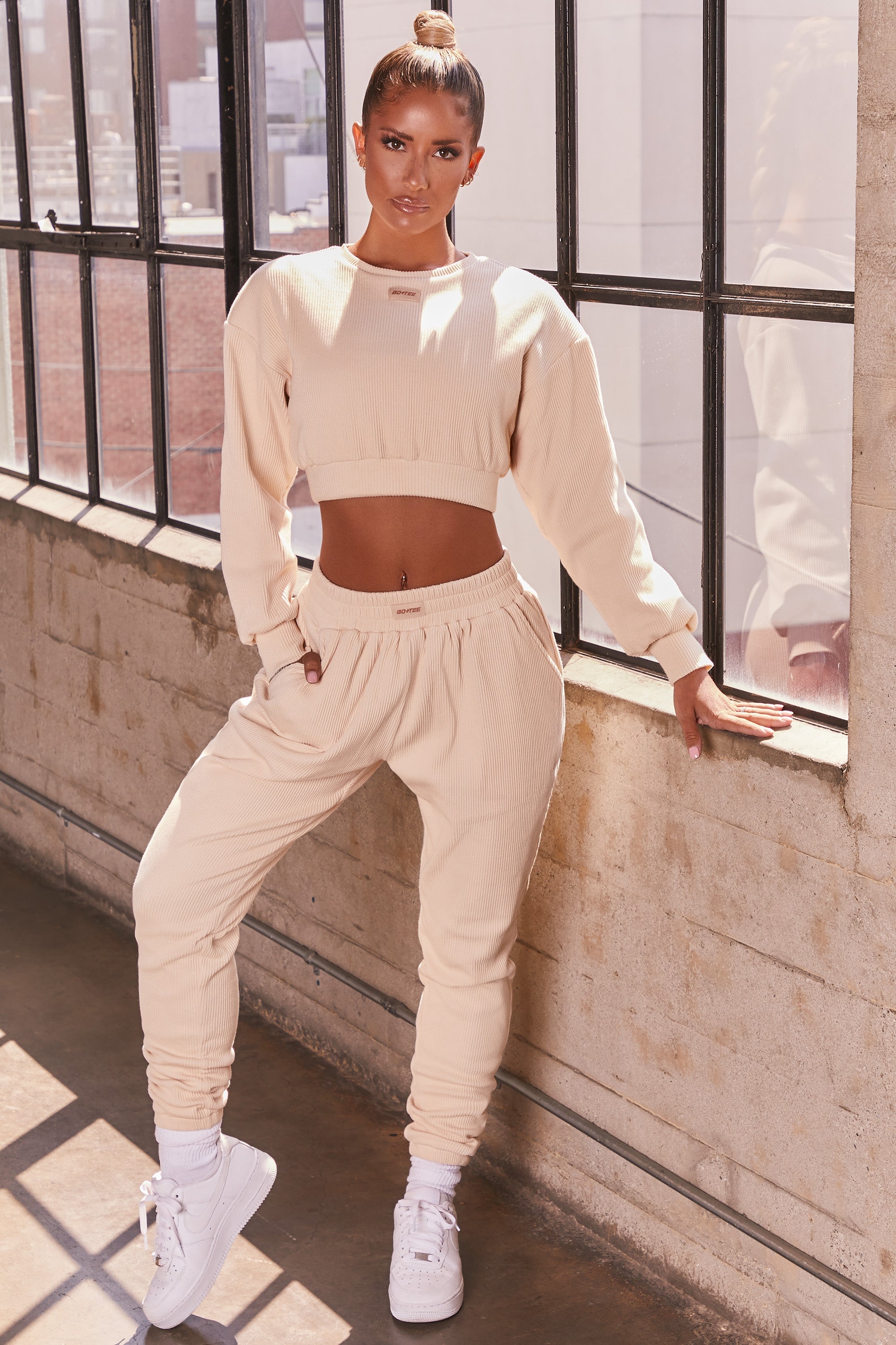 Slow It Down Petite Ribbed Full Length Cuffed Joggers in Cream