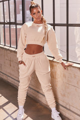 Slow It Down Petite Ribbed Full Length Cuffed Joggers in Cream