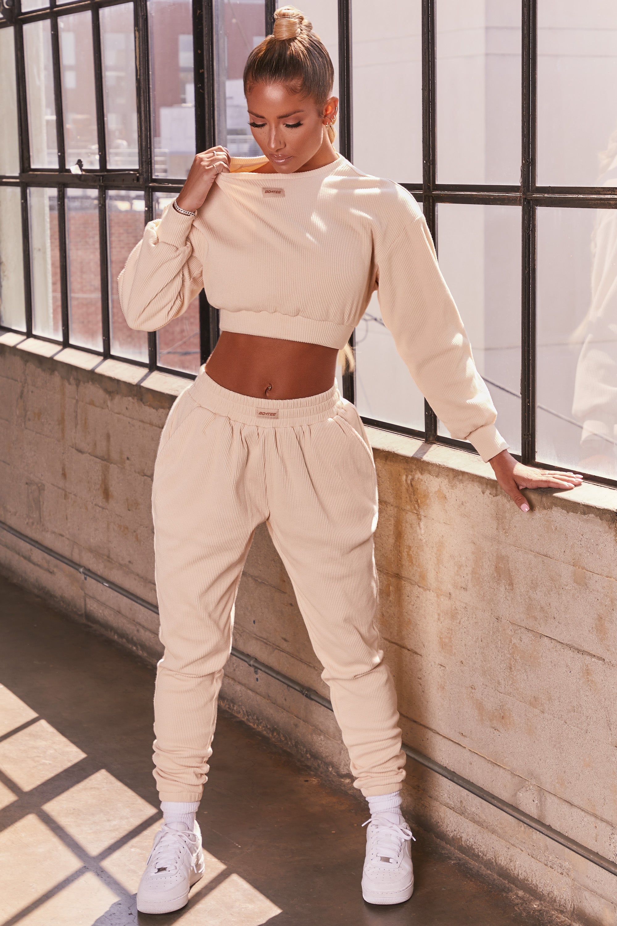 Slow It Down Petite Ribbed Full Length Cuffed Joggers in Cream