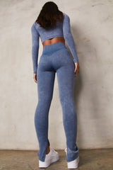 Seamless Acid Wash Zip Crop Top in Indigo