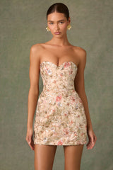 Embellished Strapless A-Line Mini Dress in Floral Beige