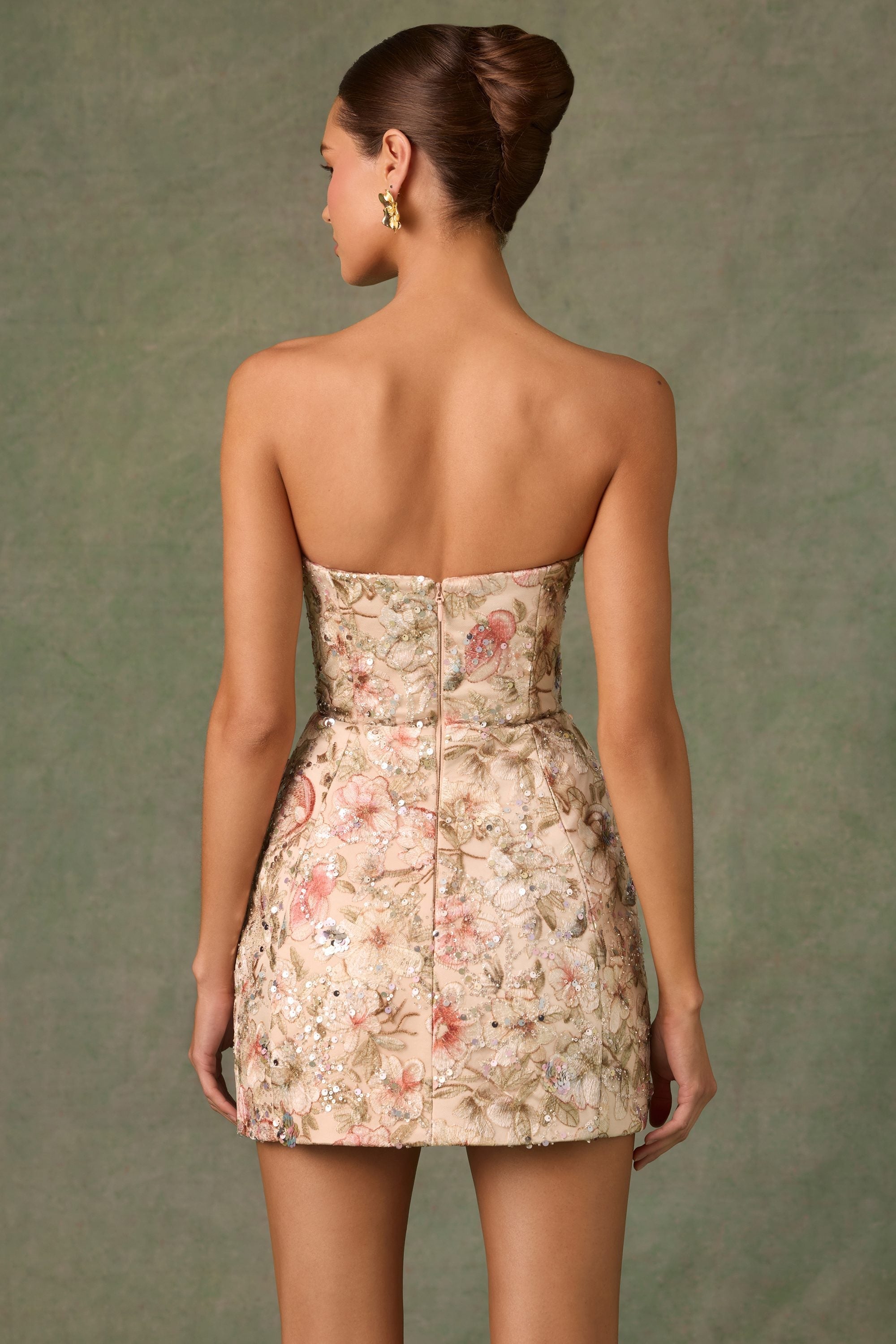 Embellished Strapless A-Line Mini Dress in Floral Beige