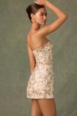 Embellished Strapless A-Line Mini Dress in Floral Beige