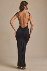 Ruched Backless Maxi Dress in Black