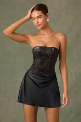 Embellished Draped Strapless A-Line Mini Dress in Black