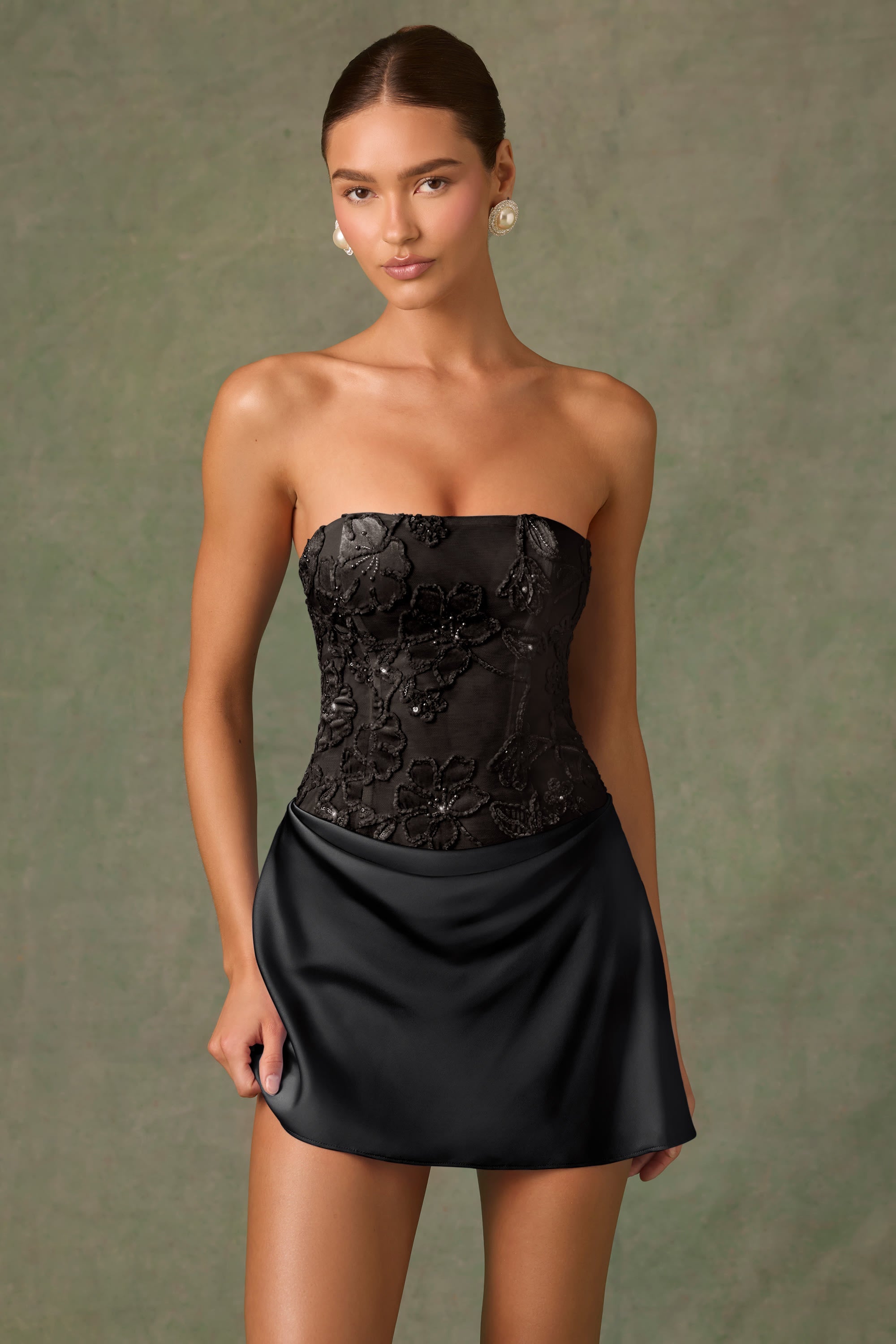 Embellished Draped Strapless A-Line Mini Dress in Black