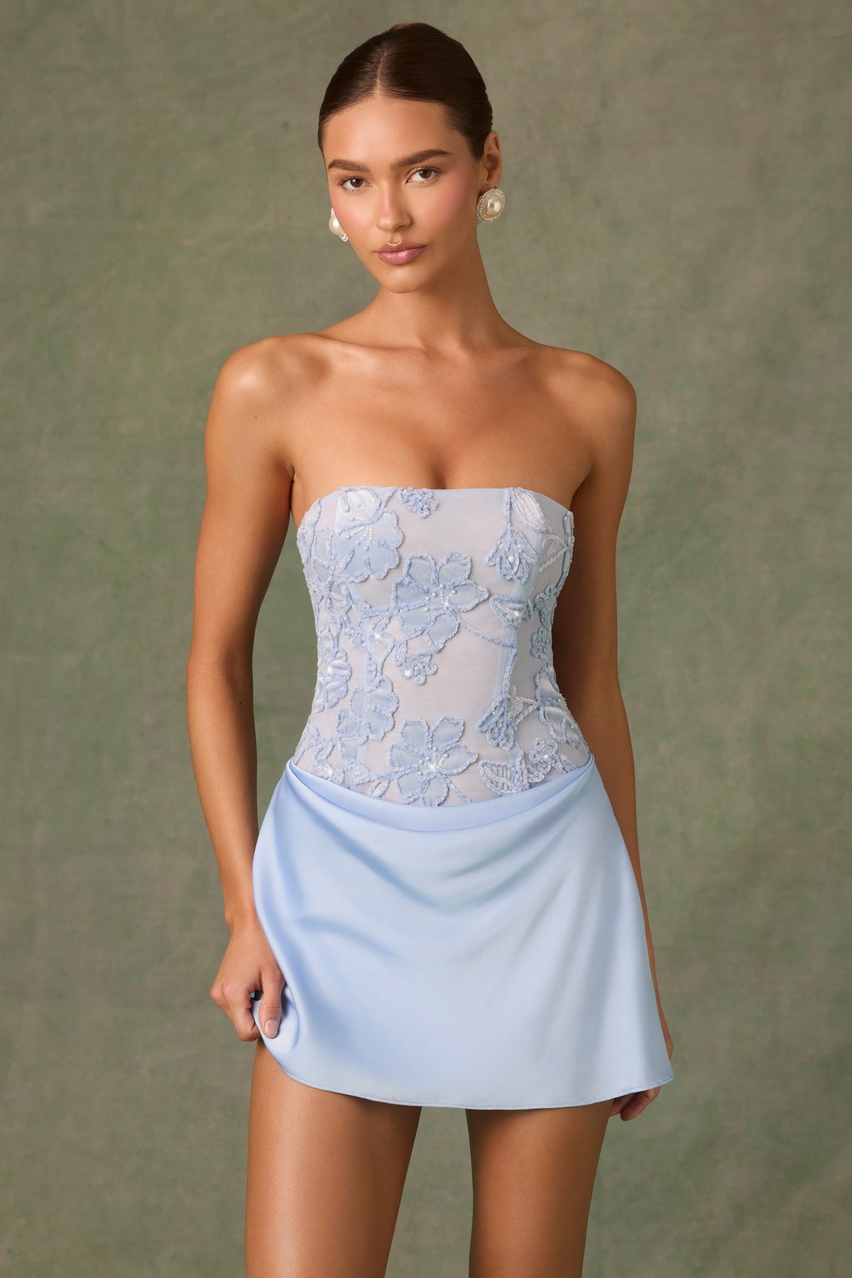 Embellished Draped Strapless A-Line Mini Dress in Sky Blue