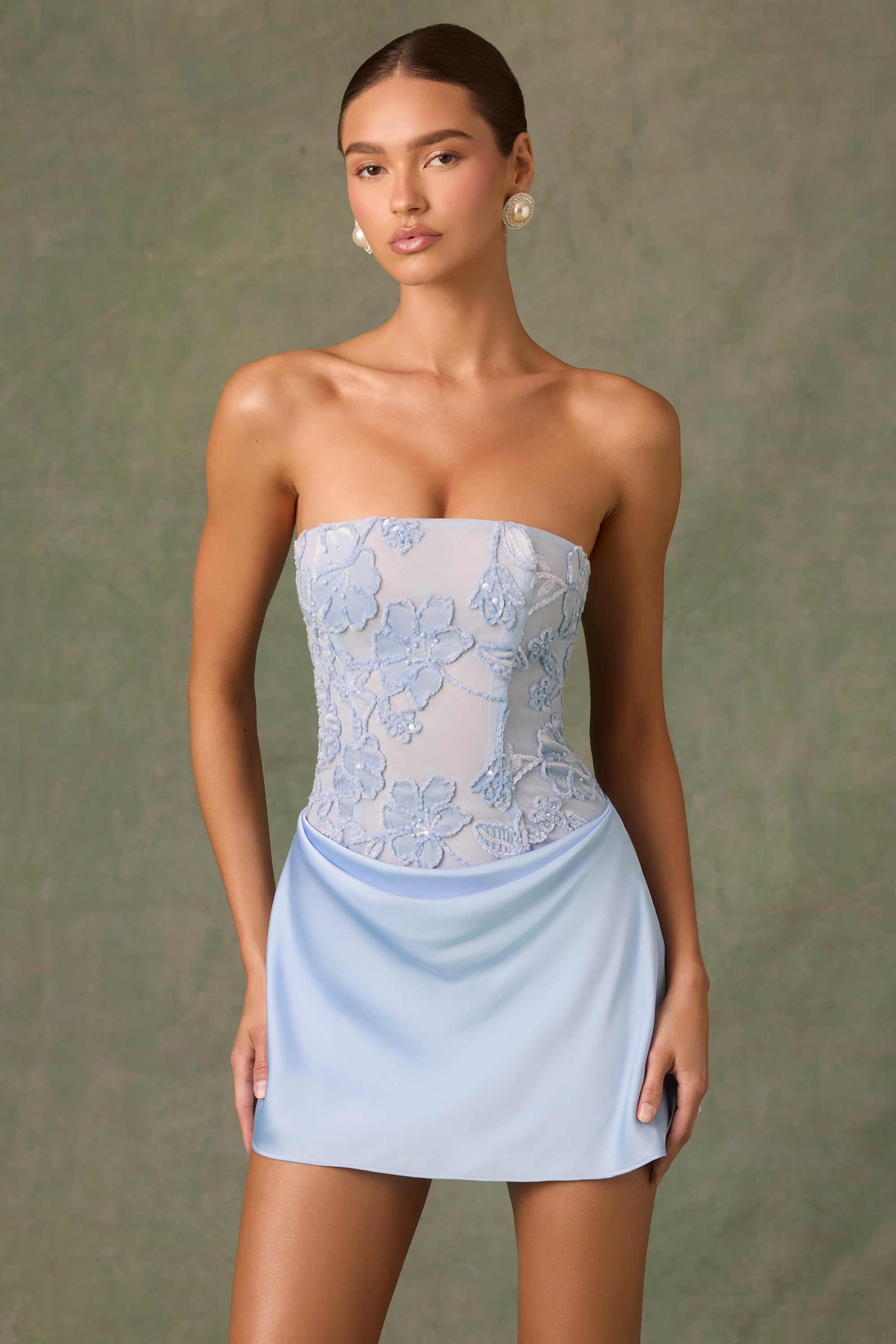Embellished Draped Strapless A-Line Mini Dress in Sky Blue