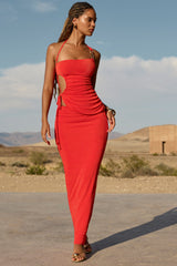 Textured Jersey Low-Rise Maxi Skirt in Chilli Red