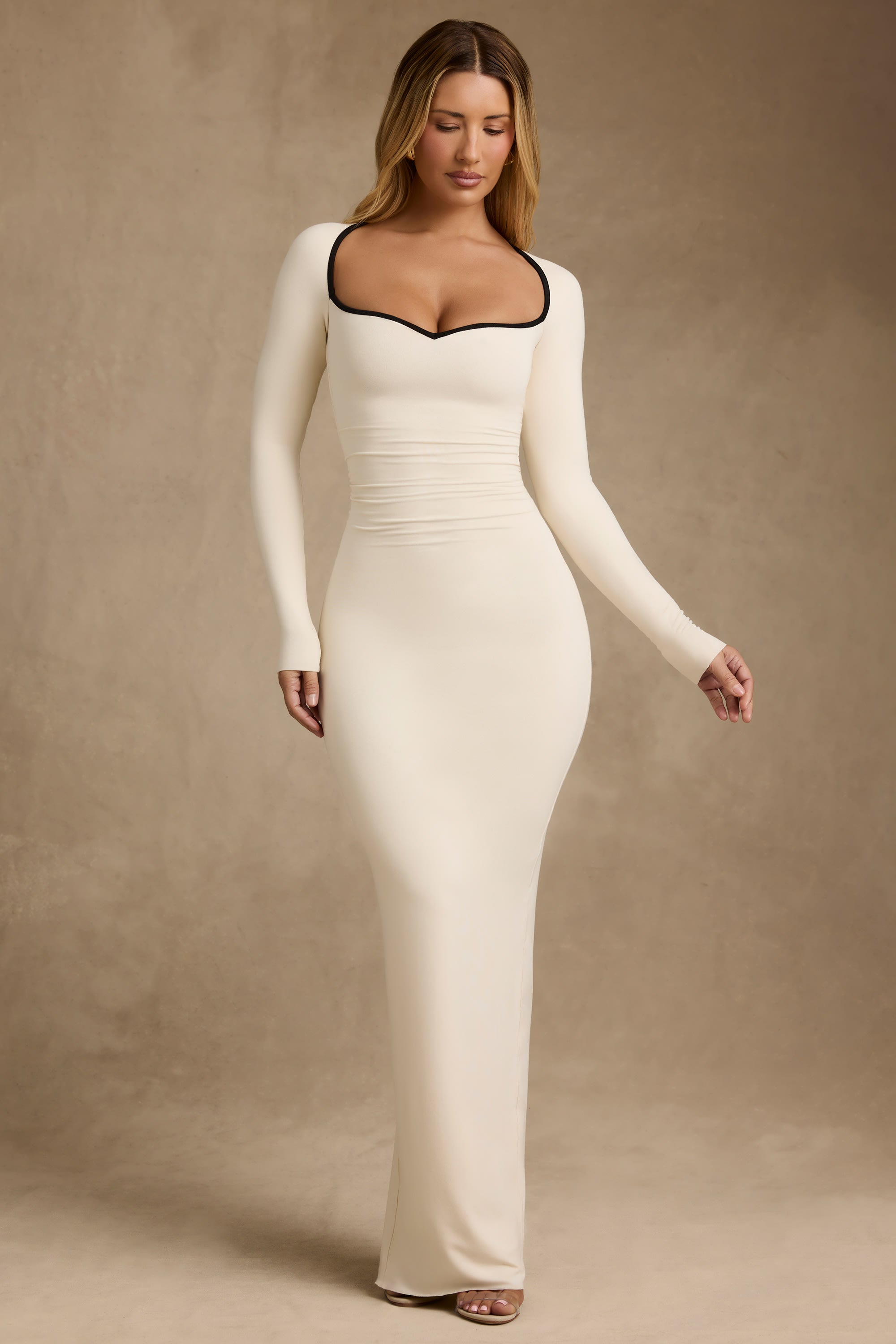Modal Contrast-Trim Maxi Dress in Ivory
