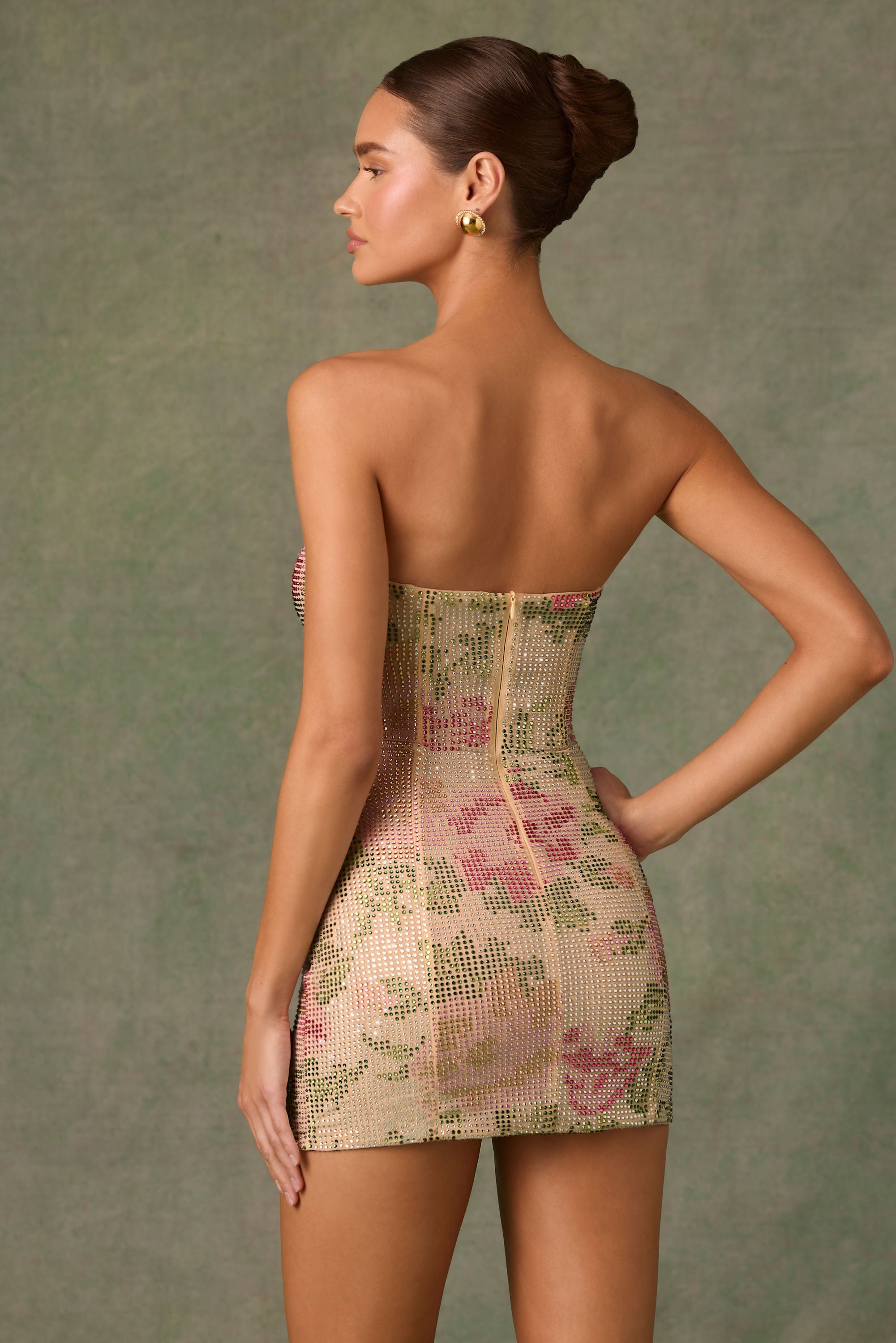 Embellished Sweetheart-Neck A-Line Mini Dress in Rose Hotfix