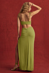 Textured Jersey Asymmetric Maxi Dress in Olive Green