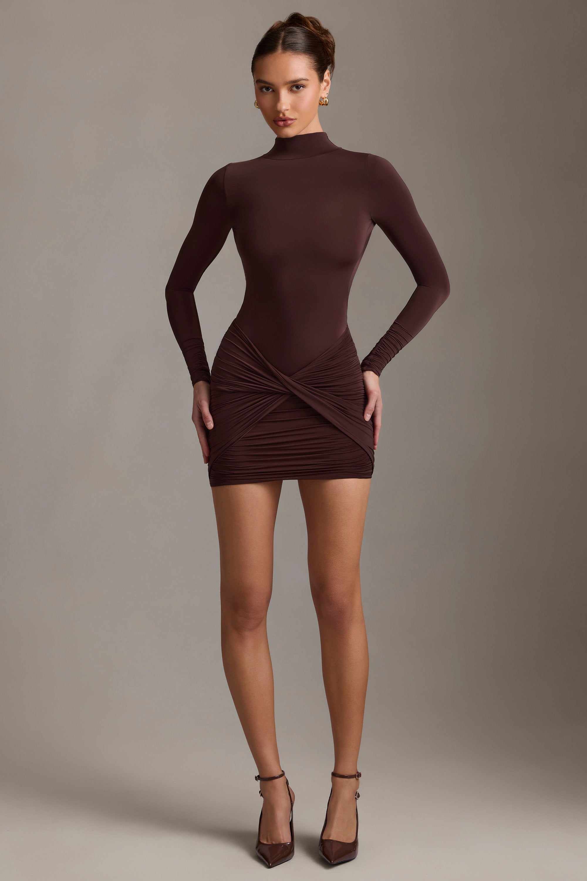 Ruched Backless Turtleneck Mini Dress in Chocolate Brown