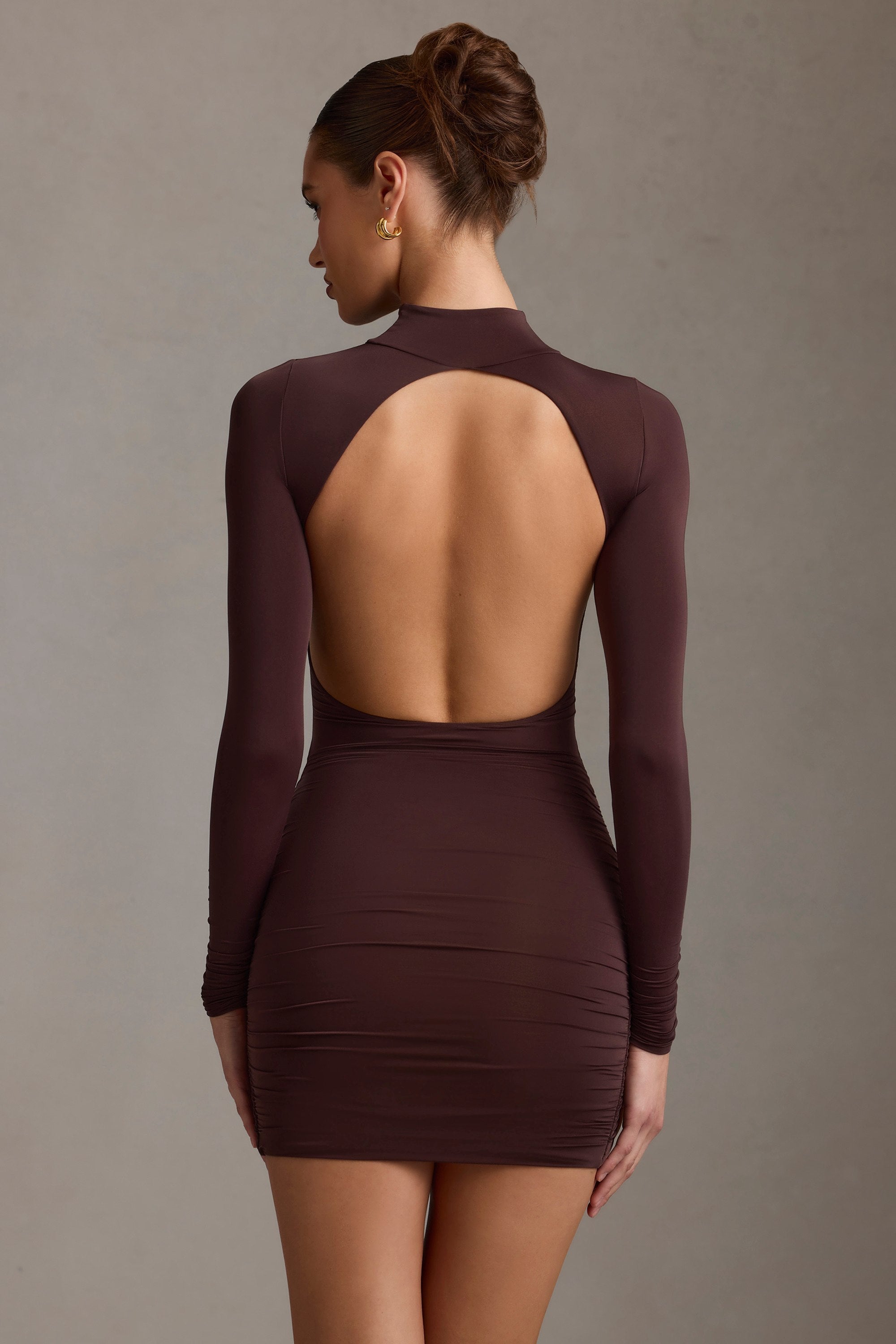 Ruched Backless Turtleneck Mini Dress in Chocolate Brown