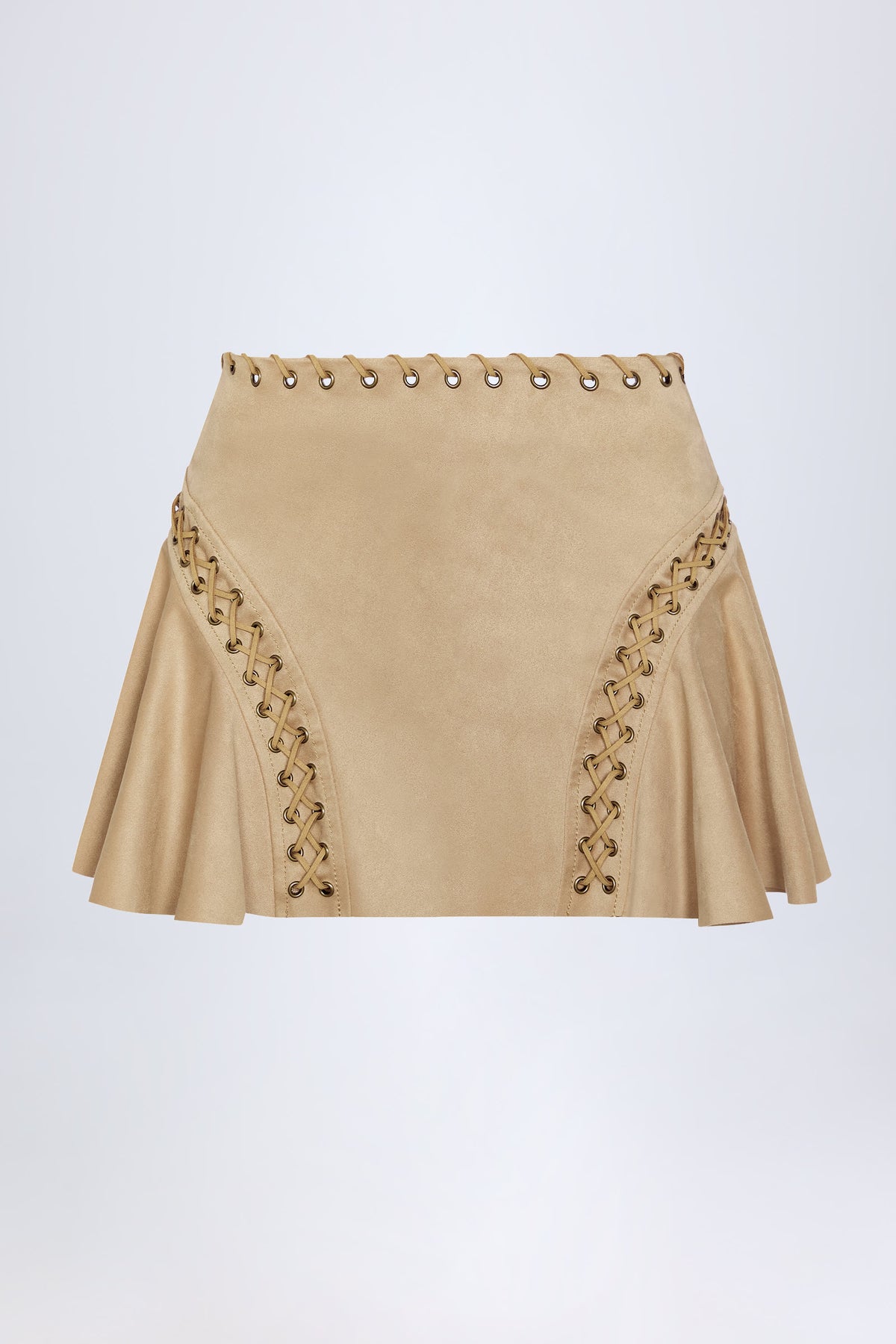 Lace-Up Mid-Rise Mini Skirt in Tan