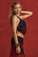 Halterneck Cowl Crop Top in Red Blurred Print