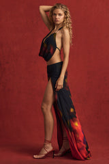 Mid-Rise Split Maxi Skirt in Red Blurred Print