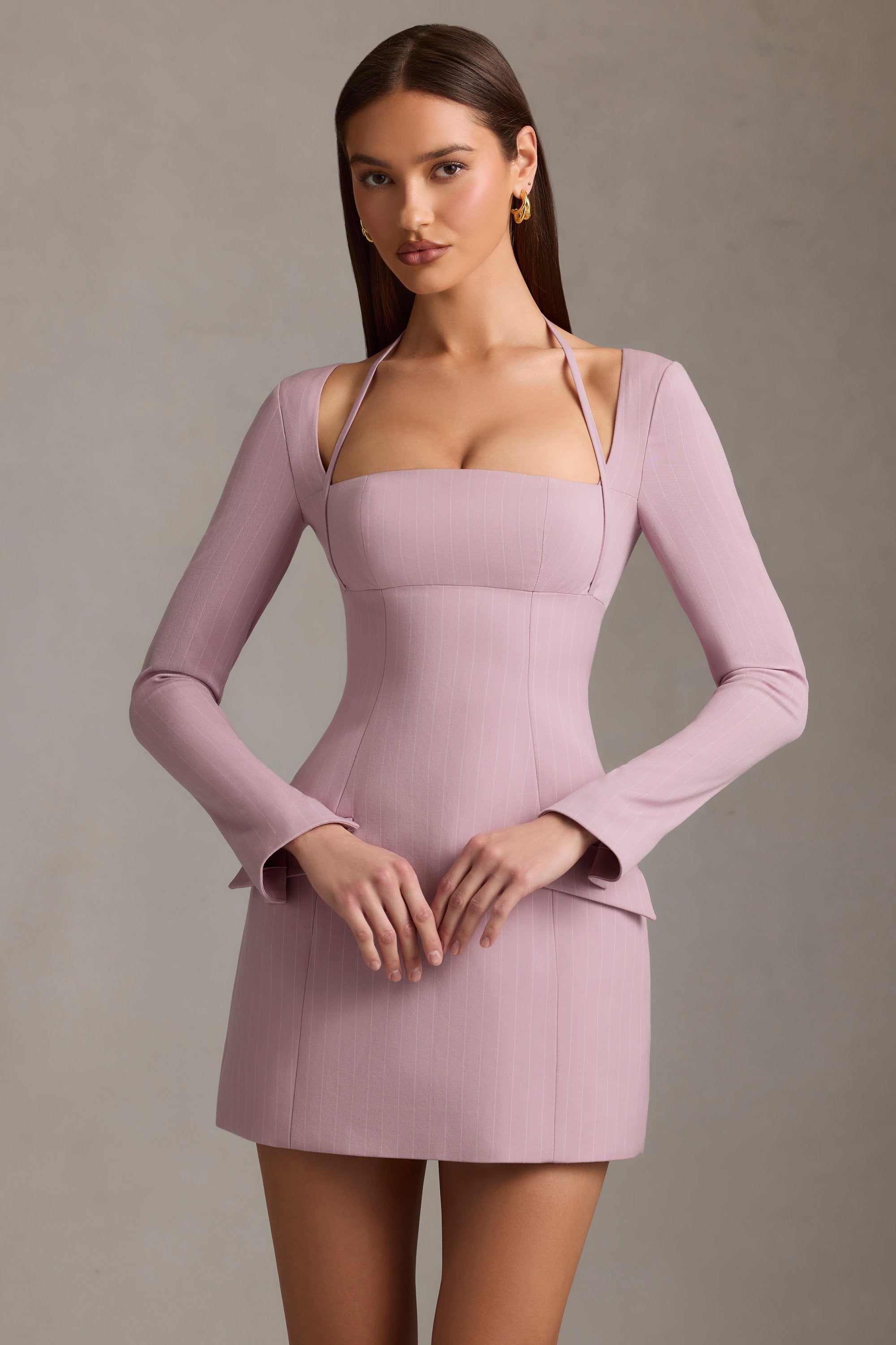 Pinstripe Structured A-Line Mini Dress in Mauve
