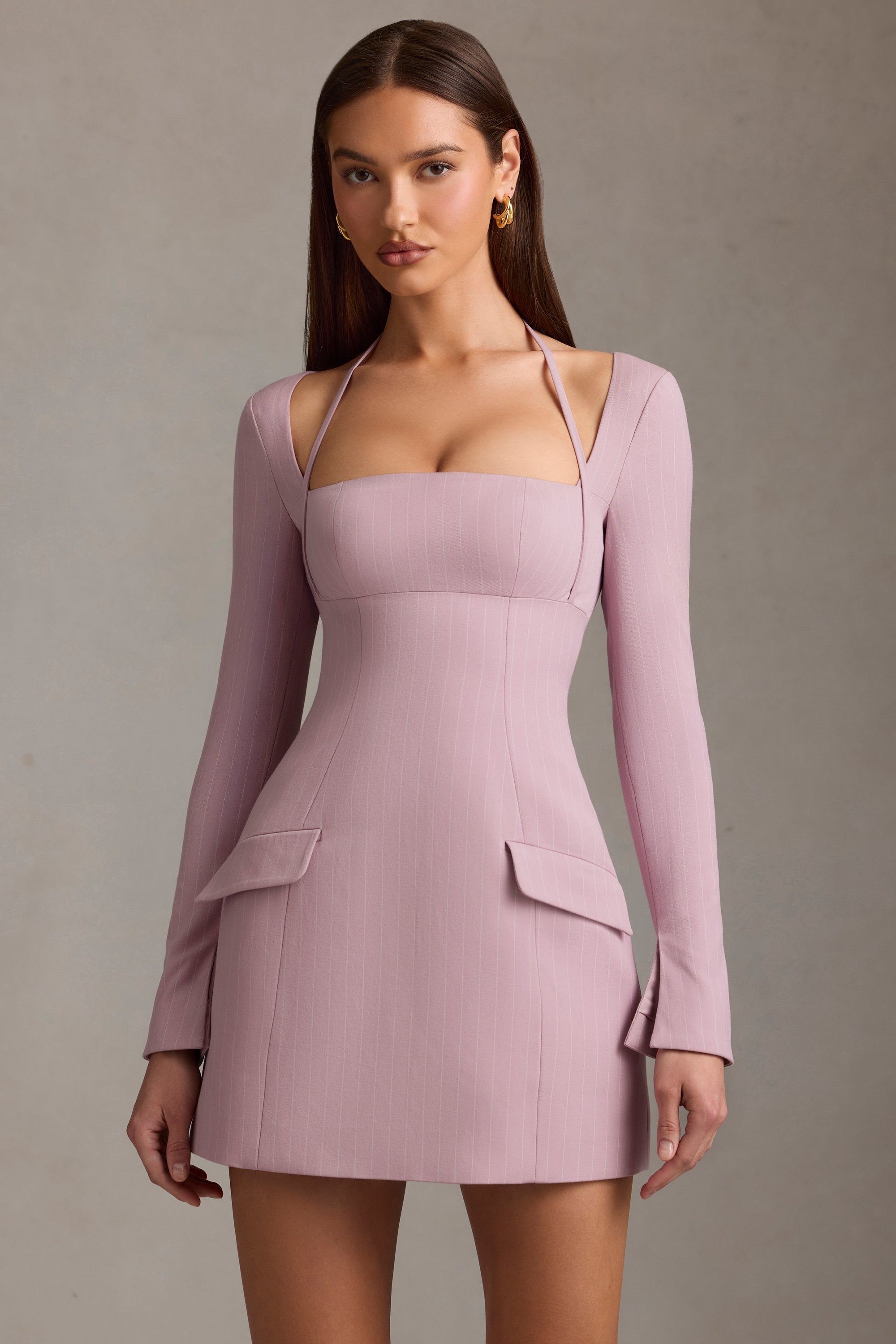Pinstripe Structured A-Line Mini Dress in Mauve