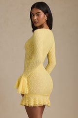 Long-Sleeve Ruffled Lace Mini Dress in Pastel Yellow