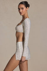 Embellished Long-Sleeve Crop Top in White