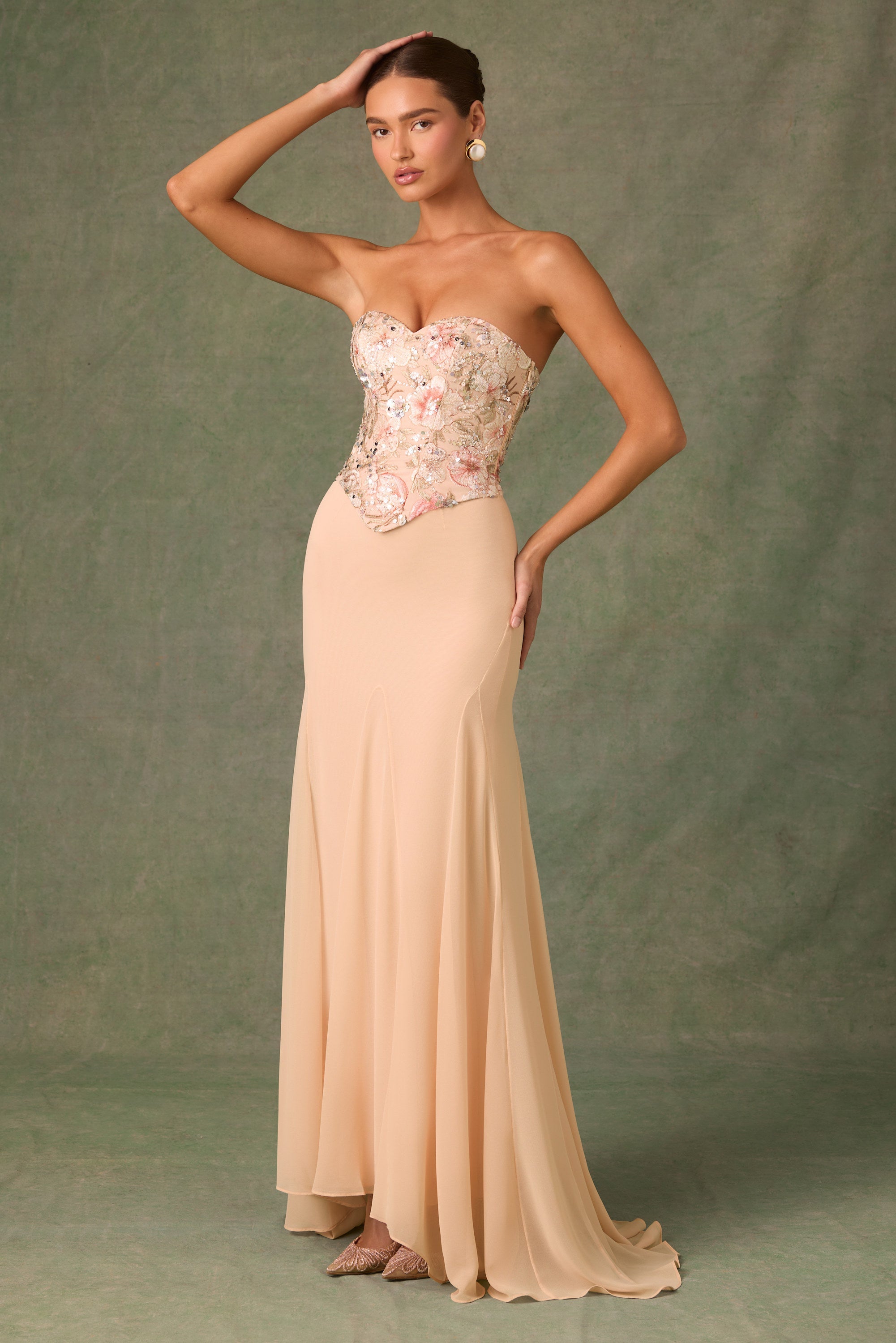 Embellished Corset Fishtail Gown in Floral Beige