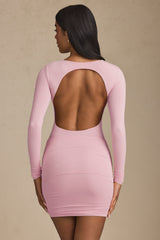 Twist-Front Ruched Backless Mini Dress in Soft Pink