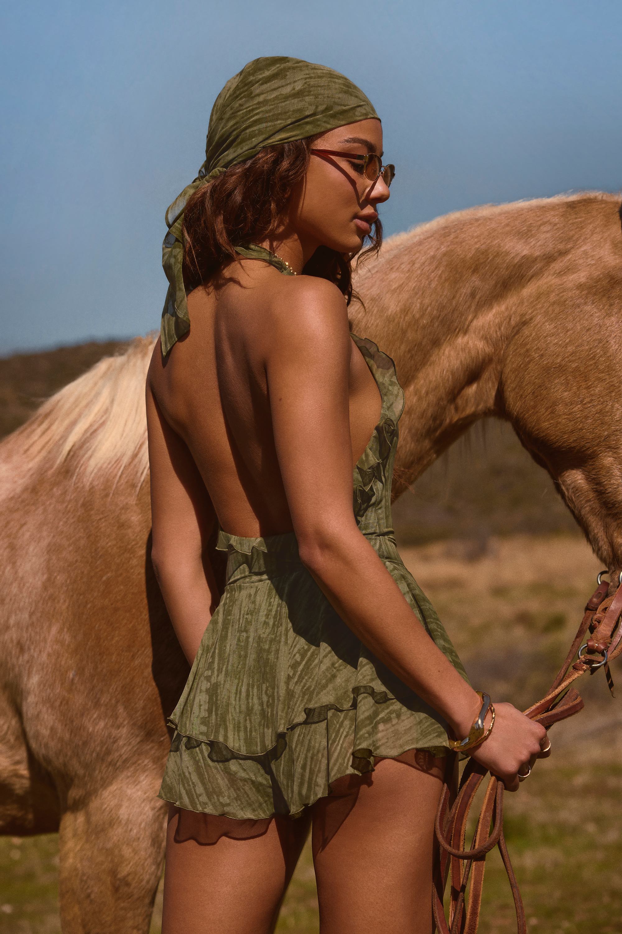 Ruffled Plunge Halterneck Playsuit in Green Print