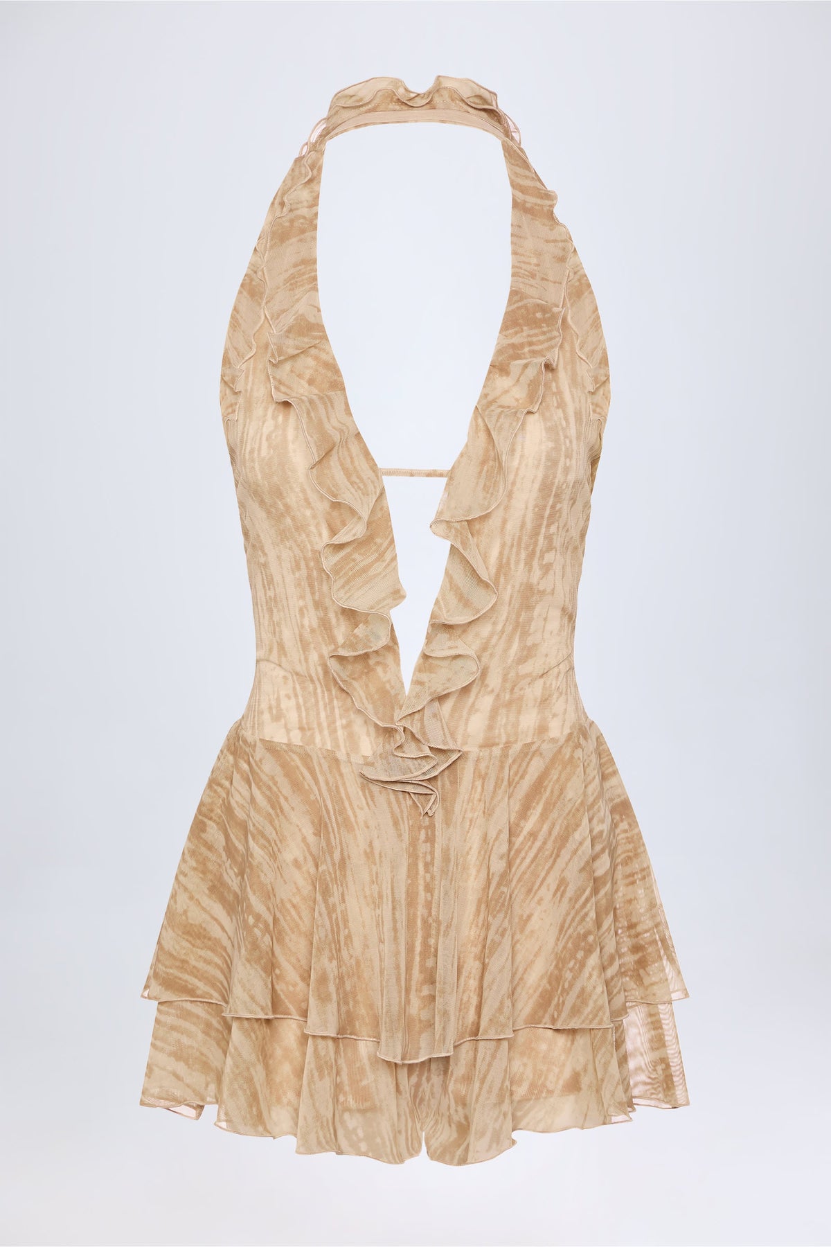 Ruffled Plunge Halterneck Playsuit in Tan Print