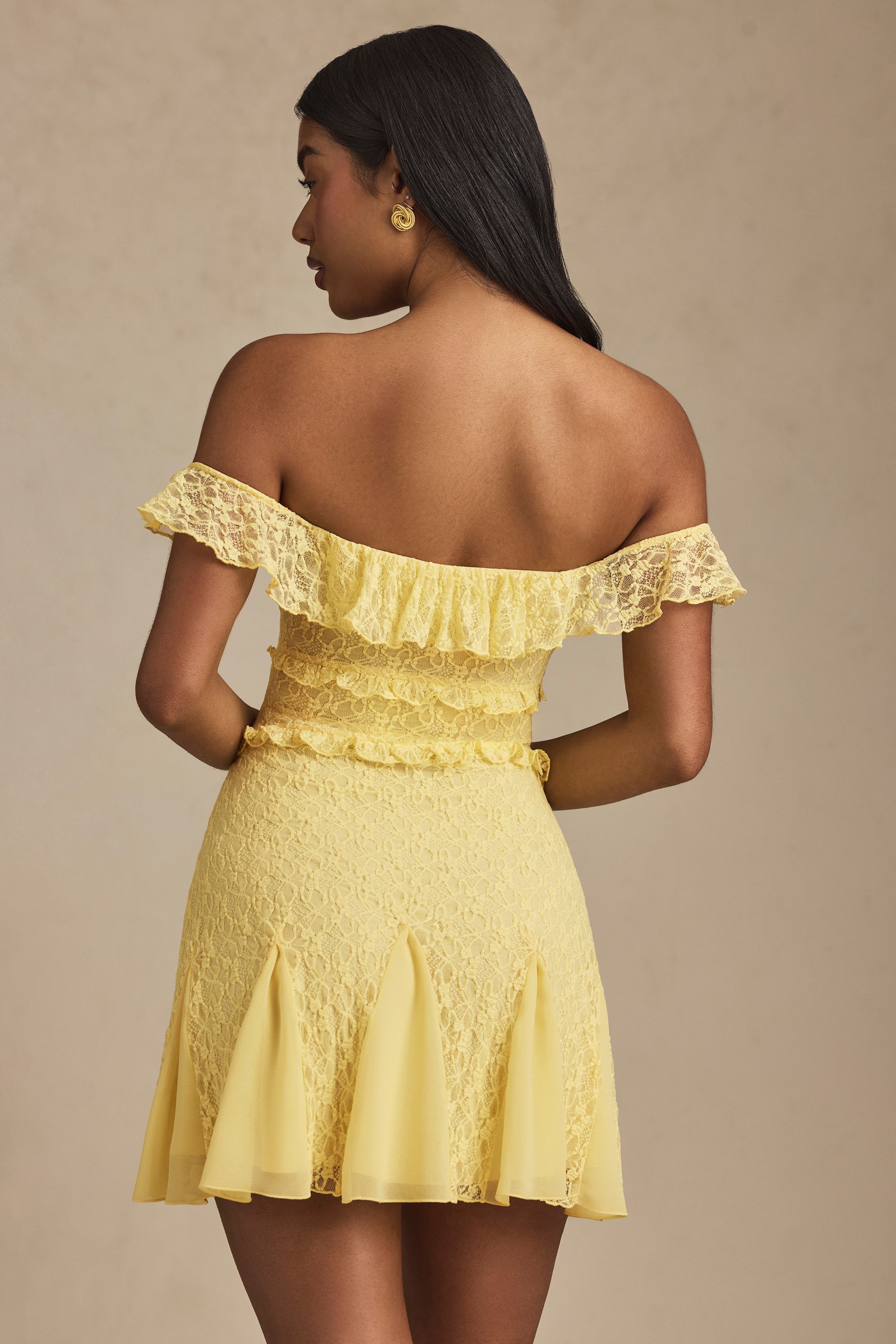 Off-Shoulder Lace A-Line Mini Dress in Pastel Yellow