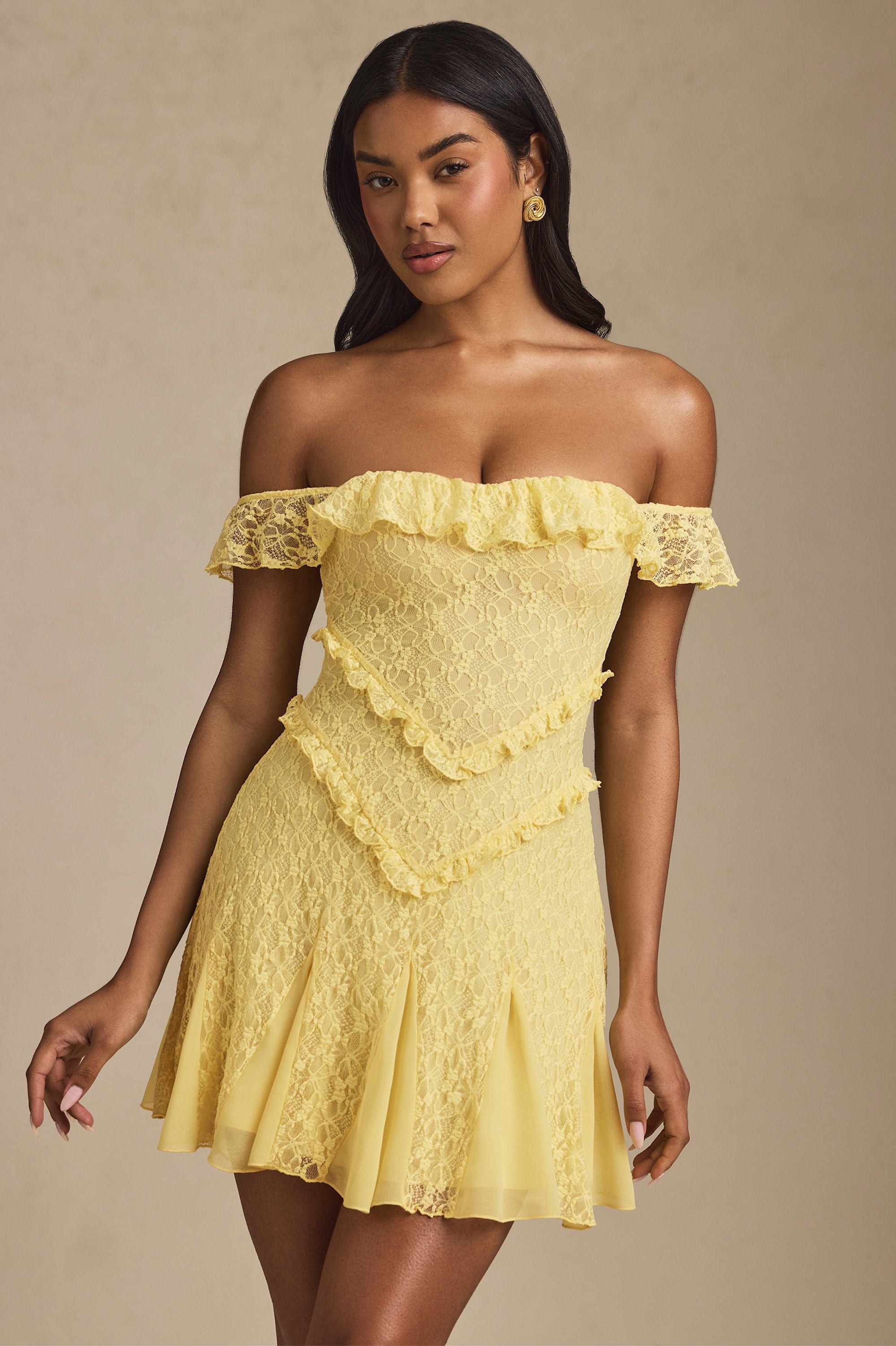 Off-Shoulder Lace A-Line Mini Dress in Pastel Yellow