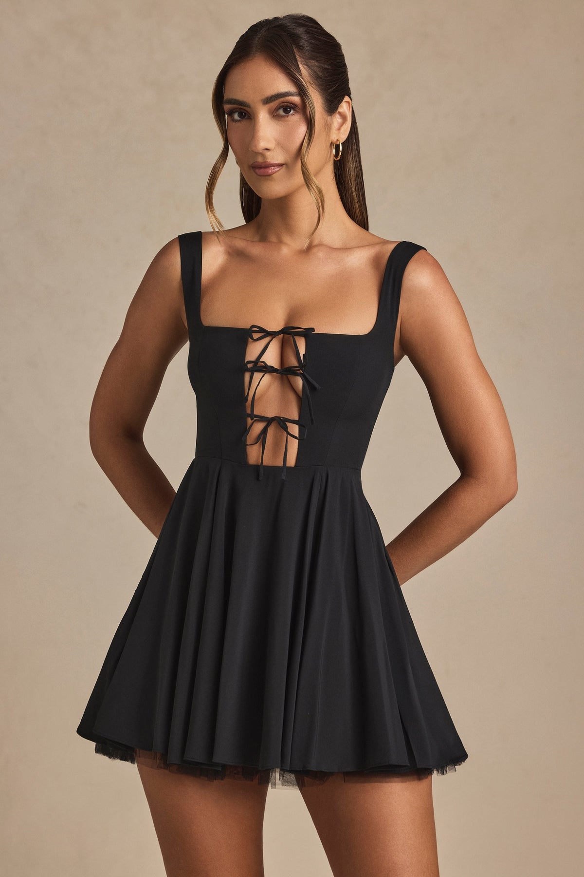 Tie-Detail A-Line Micro Mini Dress in Black