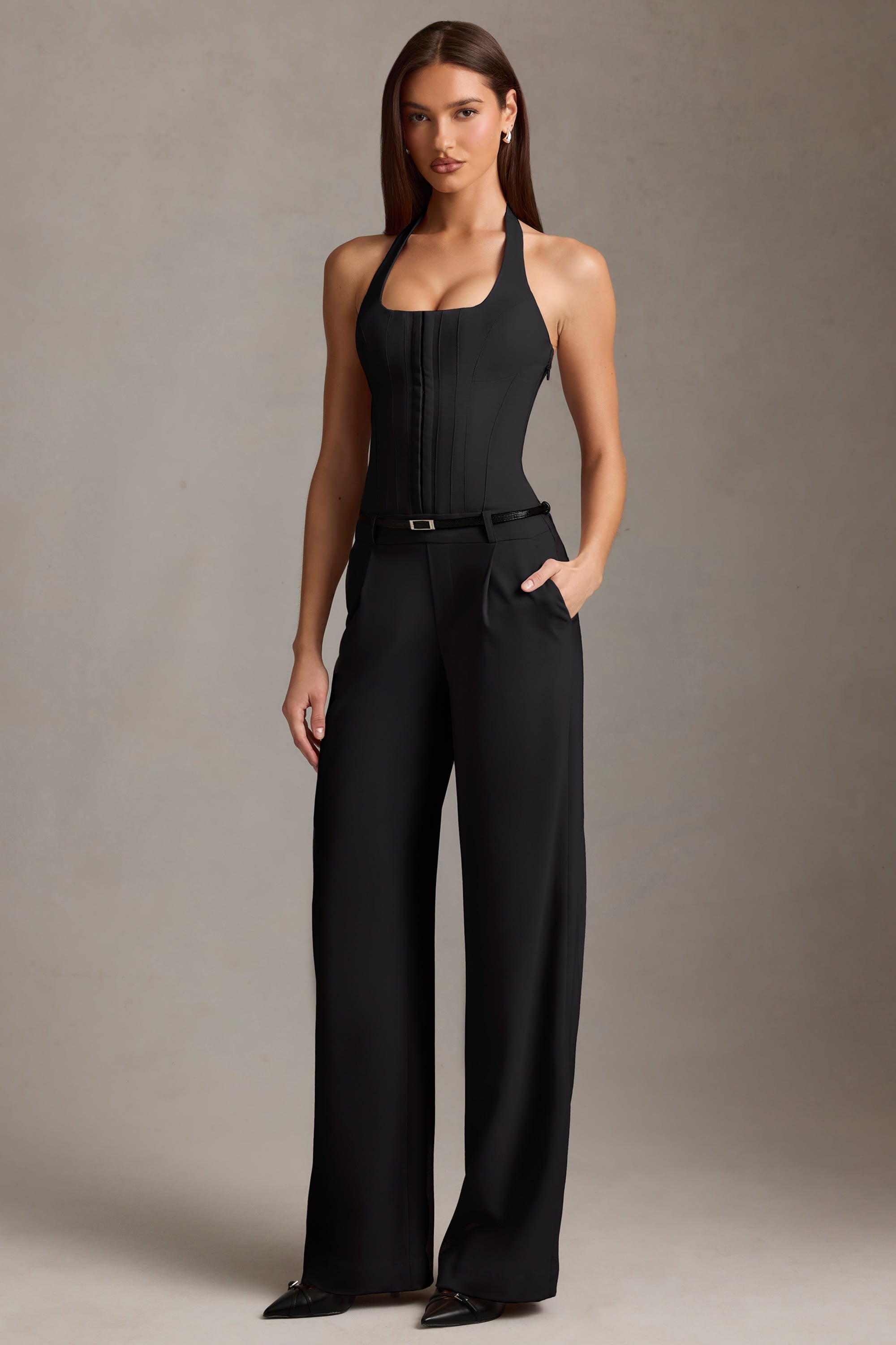 Corset-Detail Halterneck Jumpsuit in Black