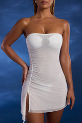 Asymmetric Ruched Bandeau Mini Dress in Ivory