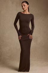 Modal Ruched Backless Maxi Dress in Chocolate Brown