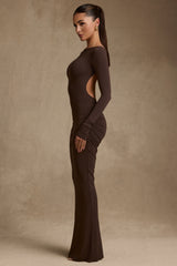 Modal Ruched Backless Maxi Dress in Chocolate Brown
